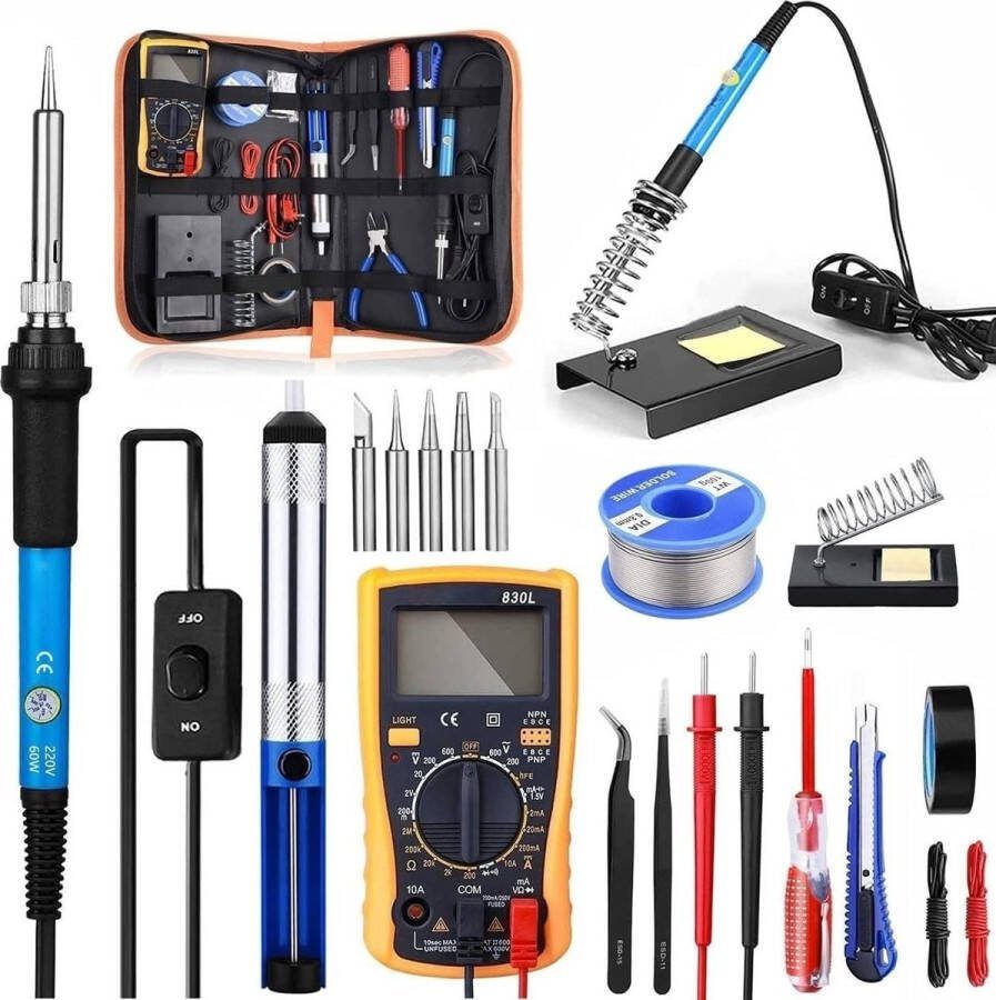 Goods Soldeerboutset 21in1 60W 220V Elektronische Soldeerbout Met Aan Uit Schakelaar Regelbare Temperatuur 200-450°C Digitale Multimeter 5 Soldeerpunten Desoldeerpomp Soldeerboutstandaard Soldeerblik Pincet