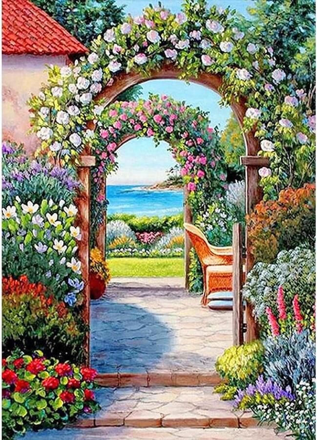 Goods Square Diamond Painting tuinlandschap 40 x 50 cm diamond painting huis met tuin diamond painting tuin diamond painting volwassenen vierkante stenen bloemen