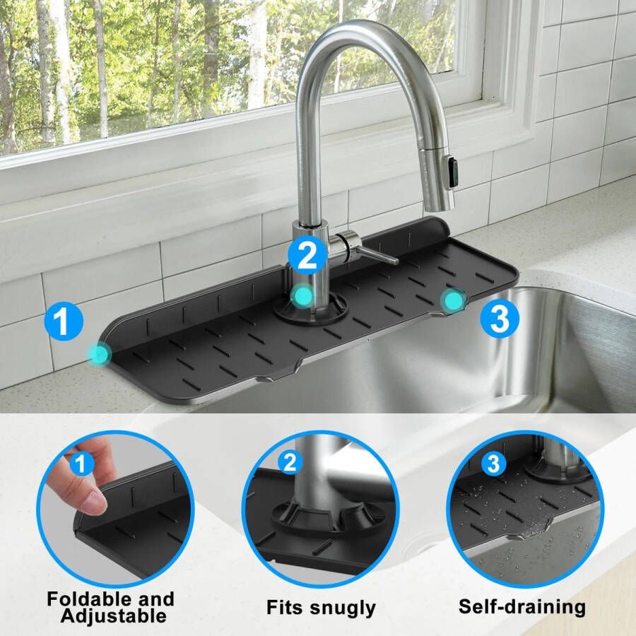 Gootsteen beschermmat Tegen water druppelvanger Zwart siliconen gootsteenmat voor keuken badkamer druppelbescherming Keukenkraan