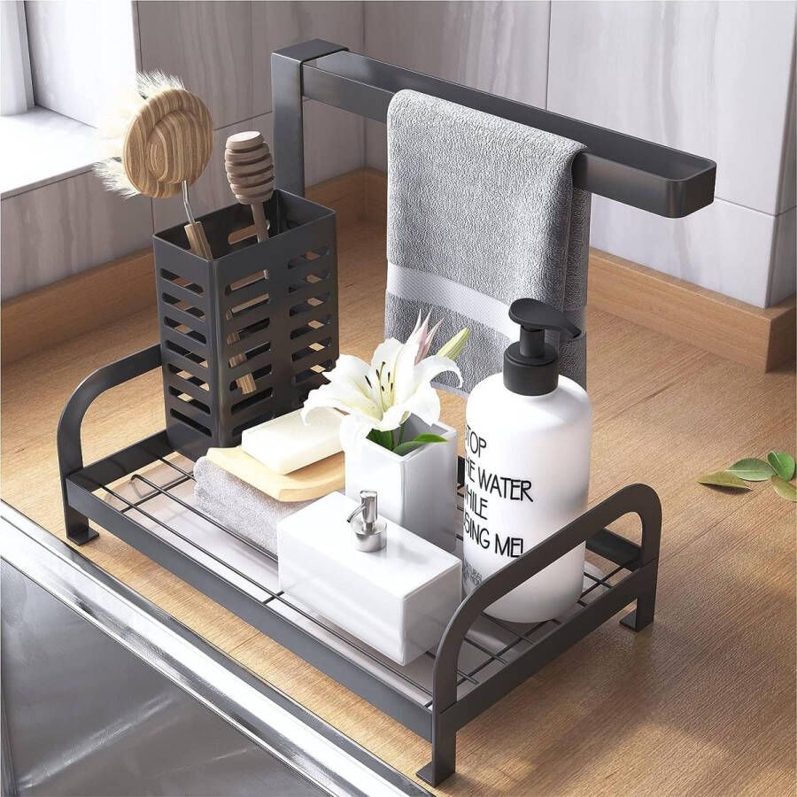 Gootsteen Caddy Organizer Sponshouder Borstel Theedoekhouder Gootsteen Caddy Zwart Werkblad met Afvoerbak voor Keuken Badkamer