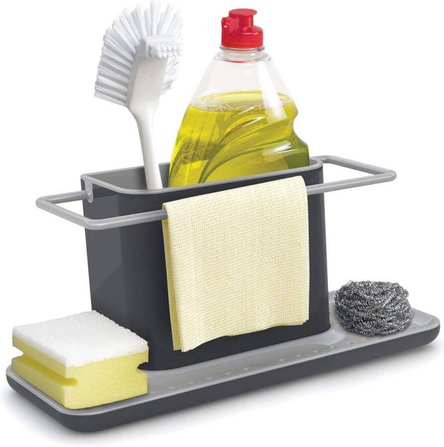 Gootsteenhouder met geïntegreerd afdruiprek Sponge Brush Soap Dish Cloth Holder Verwijderbare vaatdoekhouder Groot Grijs