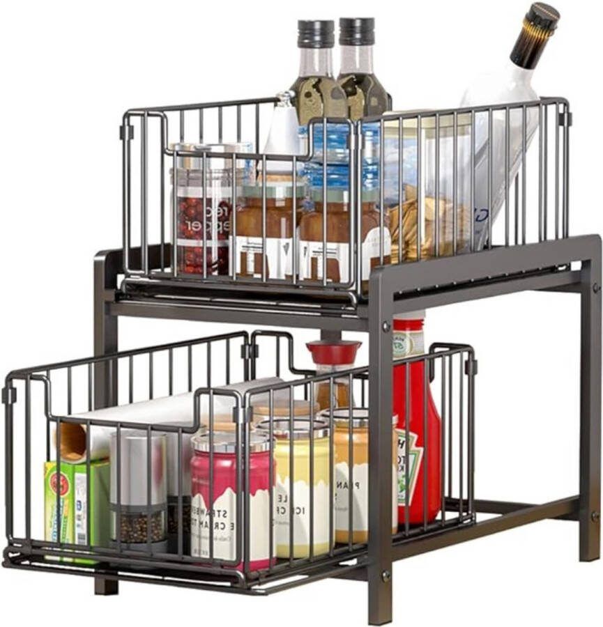 Gootsteenkast Organizer Keukenkast Organizer Met 2 Laden – Keukenrek Grote Capaciteit Aanrecht Organiser 36 x 26 x 38.5 cm – Zwart