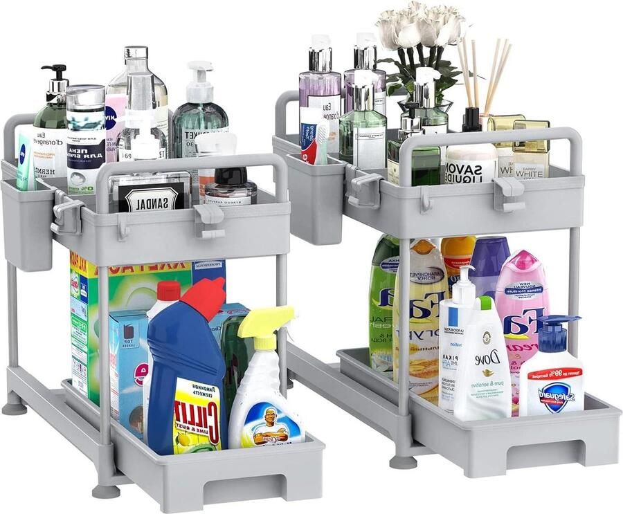 Gootsteenkast Organizer met rits 2-laags badkamerkast opberglade haken hangende beker verdelers handgrepen multifunctioneel SOLEJAZZ Gootsteenkast Organizer