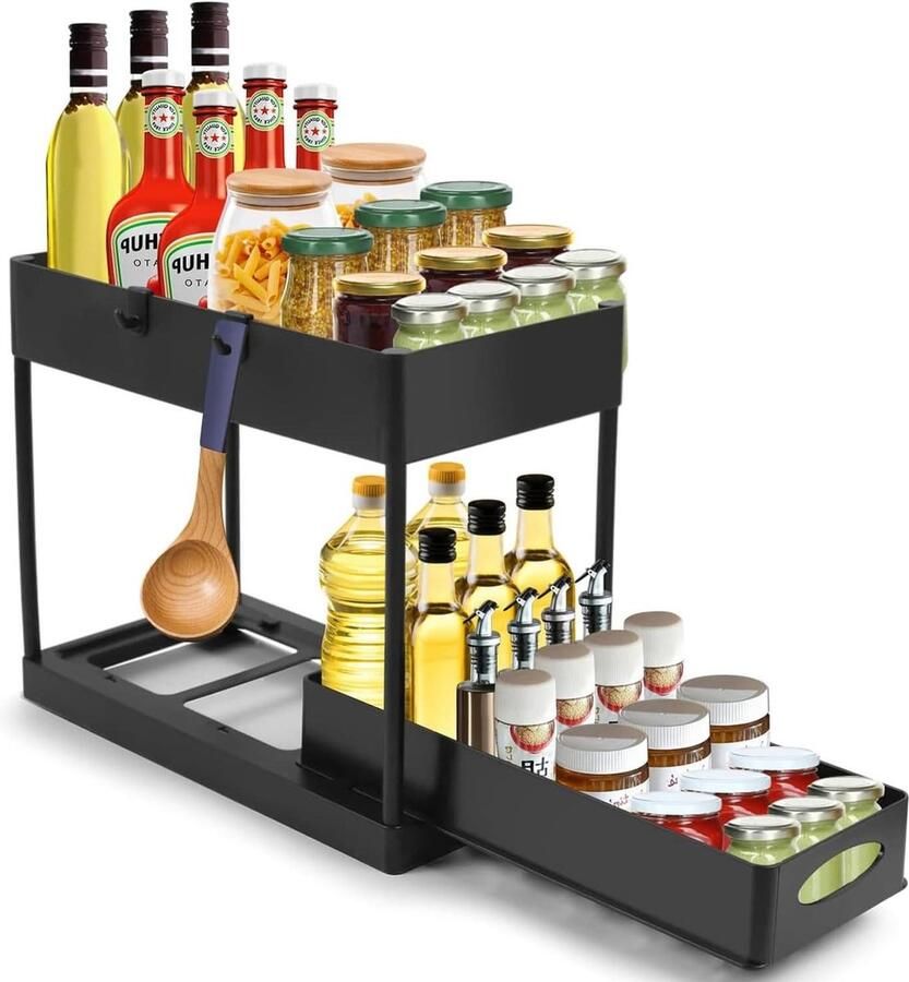 Gootsteenkast Organizer met rits 2-laags Keuken Opbergrek met Haken en Schuiflade Zwart Opbergplank voor Keuken en Badkamer met rits Gootsteenkast Organizer