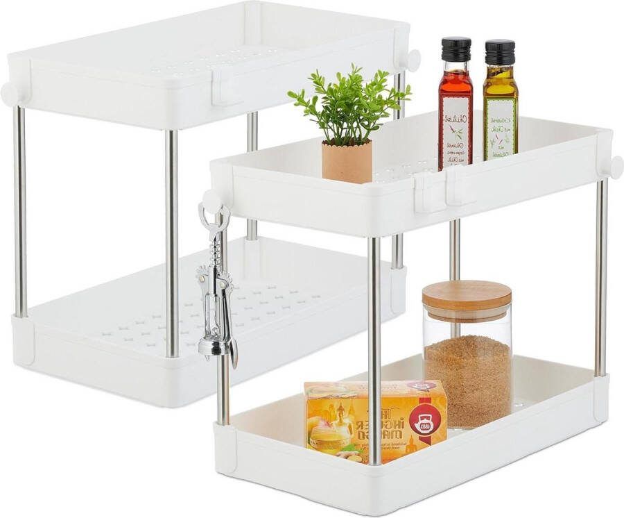Gootsteenkast Organizer met rits Keukenkast Organizer Set van 2 etages 4 haken 32 x 40 x 22 cm wit Gootsteenkast Organizer
