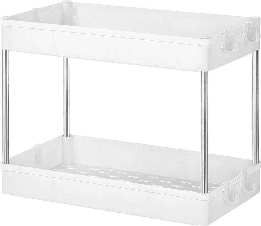 Gootsteenkast Organizer met rits Keukenplank onder gootsteen badkamer plank gootsteenkast plank met 2 niveaus 6 haken opslag onder gootsteen keuken badkamer wit BUO001W01 Gootsteenkast Organizer