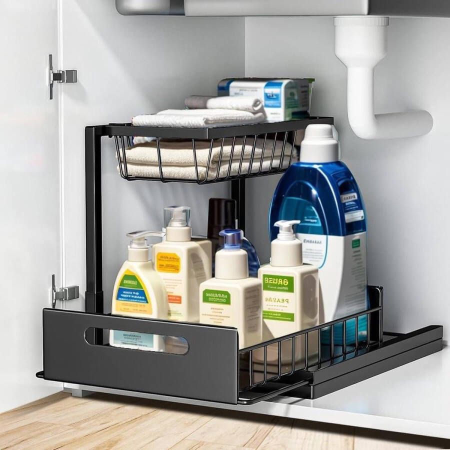 Gootsteenkast Organizer met rits Metalen rek voor onder de wastafel 2 etages Kruidenrek staand Spoelbakonderkast organizer met lade voor keuken badkamer kast keukenkast Gootsteenkast Organizer