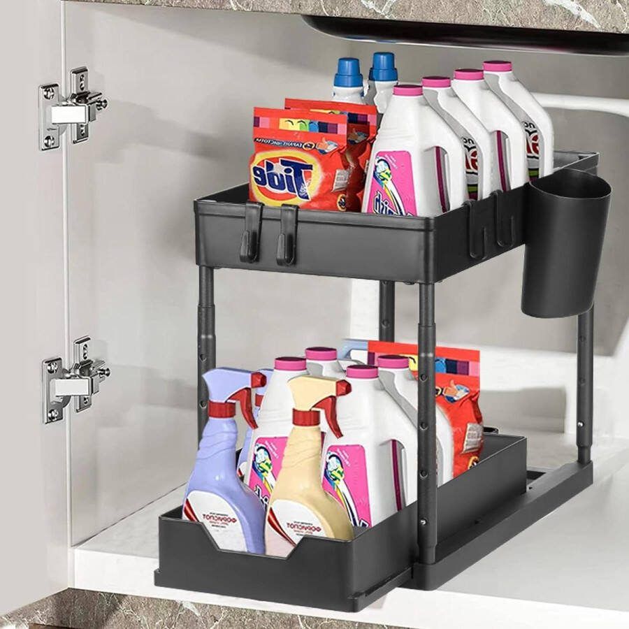 Gootsteenkast Organizer met rits Onder de gootsteen opslag 40x22x43cm 2-laags Badkamerkast mand Verstelbare hoogte Multifunctionele zwarte plank 4 haken 1 hangende bekers Gootsteenkast Organizer
