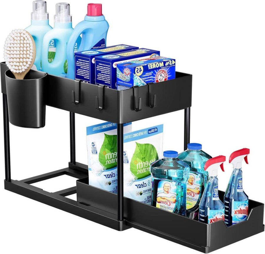Gootsteenkast Organizer met rits Opbergrek voor onder de gootsteen keukenopberger 2 niveaus met uitschuiflade multifunctioneel opbergrek voor badkamer aanrecht wasruimte zwart opbergrek organizer Gootsteenkast Organizer