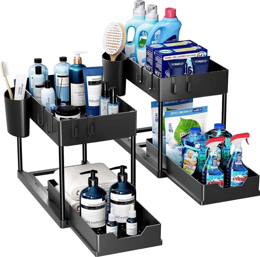 Gootsteenkast Organizer met rits Opbergrek voor onder de gootsteen keukenopberger 2 niveaus met uitschuiflade multifunctioneel opbergrek voor badkamer aanrecht wasruimte zwart Gootsteenkast Organizer