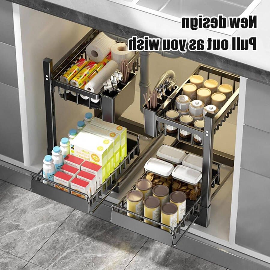 Gootsteenkast Organizer met rits Uittrekbare keukenorganizer met 2 kopjes spoelkastorganizer Uittrekbaar keukenrek Multifunctionele organizer voor keuken-badkamer Tafelblad Gootsteenkast Organizer