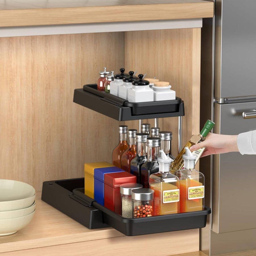 Gootsteenopslagplank 2-laags schuifkeukenopslag en -organisatie badkamerkast keukenkastorganizer multifunctionele slanke organisator voor keukenbadkamer uitschuifmand aan de onderkant