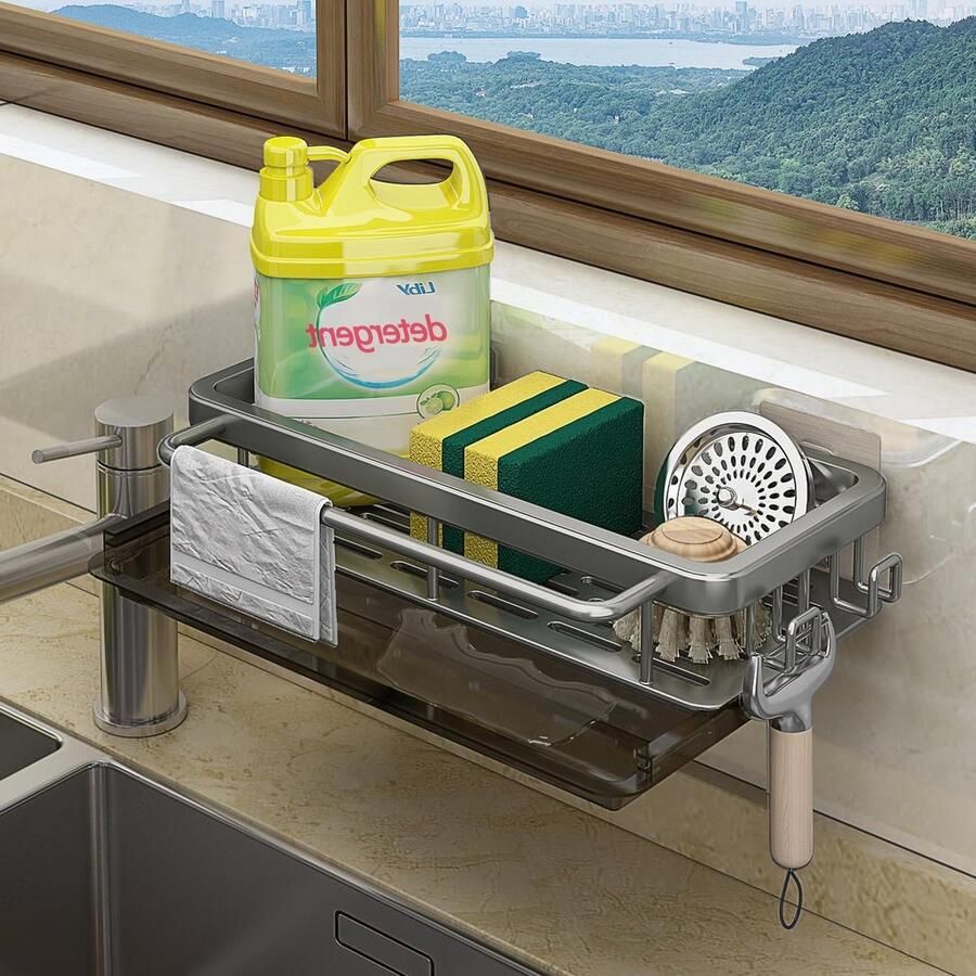 Gootsteenorganizer Afvoerpan Haakvormig Gootsteenorganizer Wandmontage Zelfklevend Keukenaccessoires Spons Borstel Afwasmiddel