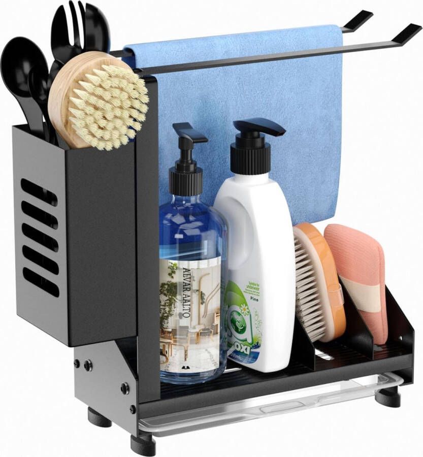 Gootsteenorganizer gootsteen caddy organizer keuken roestvrij staal gebruiksvoorwerpen mand met afvoerpan lijm werkblad muur zelfklevende sponsborstel lappenhouder (zwart)