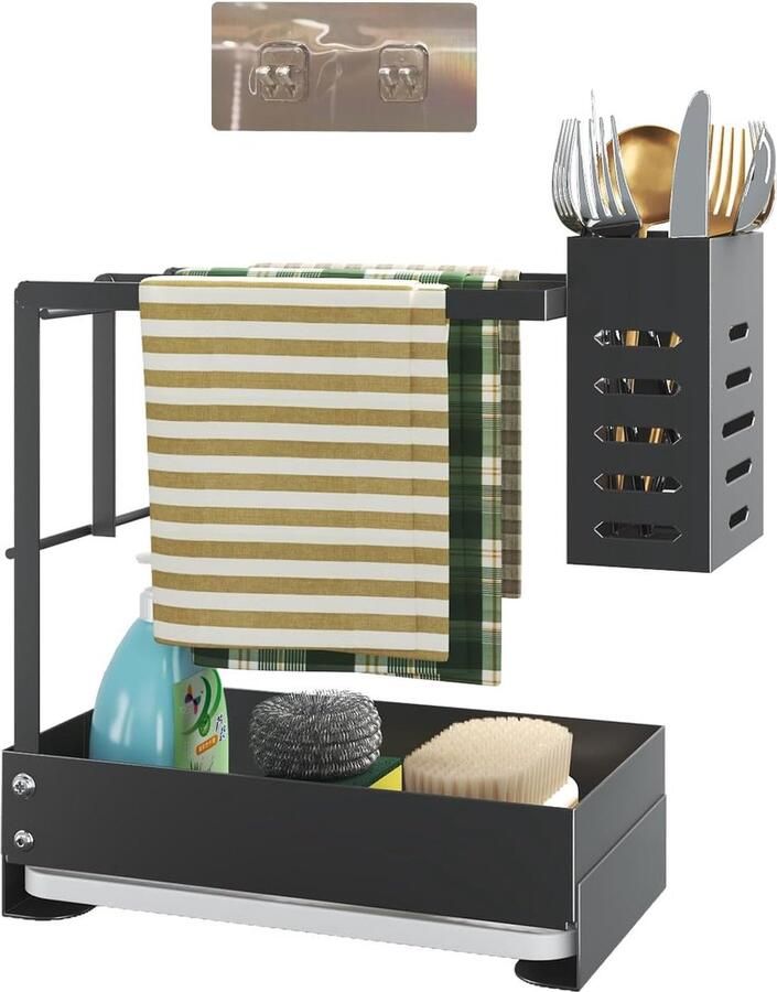 Gootsteenorganizer inklapbare roestvrijstalen spoelbak zwarte wand zelfklevende keukenorganizer met lekbak houder voor doek spons borstels keukenorganizer