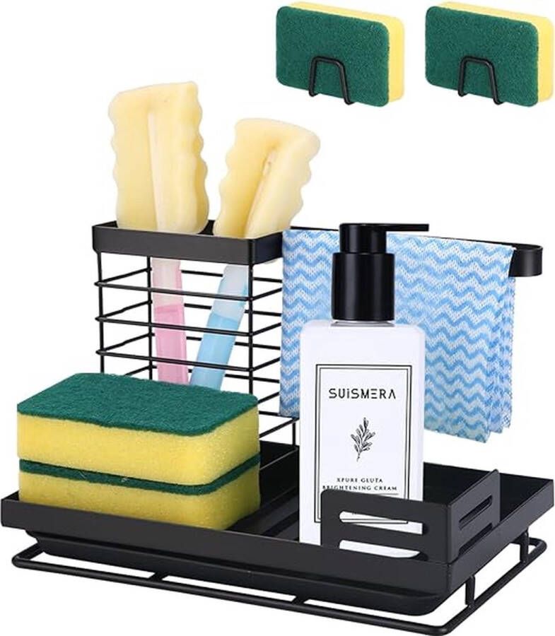 Gootsteenorganizer keukenorganizer gootsteen met afvoerpan spoelorganizer anti-roest en snel afvoeren spoelbakorganizer zwart voor keuken badkamer + 2 stuks sponshouders