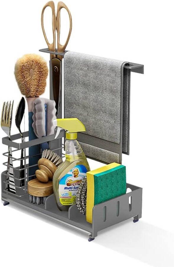 Gootsteenorganizer keukenorganizer spoelbak caddy organizer borstel zeepbakje houder voor badkamer keuken gootsteenorganizer keuken met lekbak badkamerorganizer (22 5 x 12 5 x 10 cm)