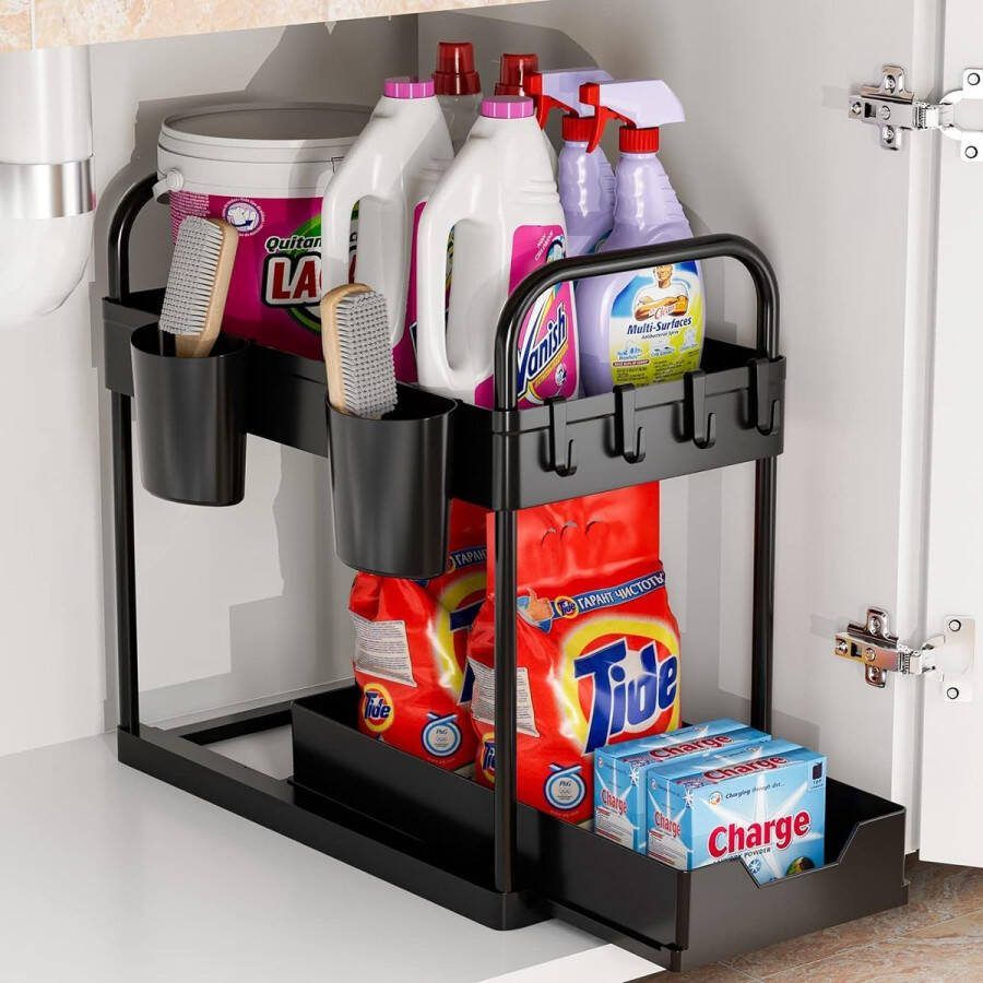 Gootsteenorganizer met 2 niveaus in hoogte verstelbare en verwijderbare plank met 4 haken en 2 hangende manden geschikt voor laden keuken badkamer kasten en onder de gootsteen