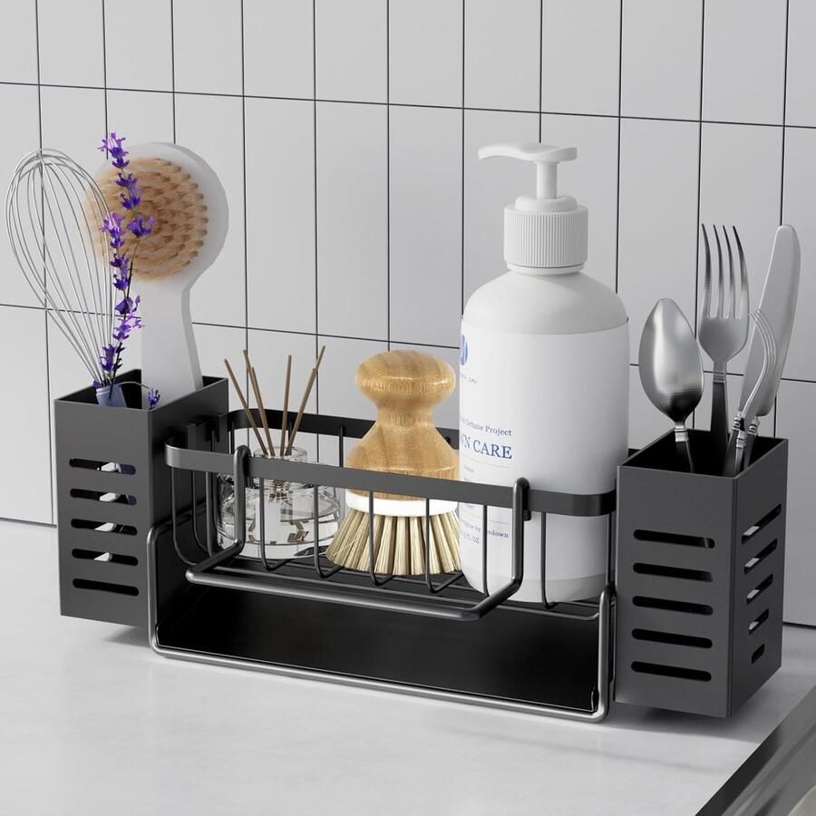 Gootsteenorganizer met zelflozende lekbak gootsteenorganizer sponsborstelhouder met verwijderbare stoffen houder en opbergdoos roestvrijstalen keukengereimand voor keuken badkamer