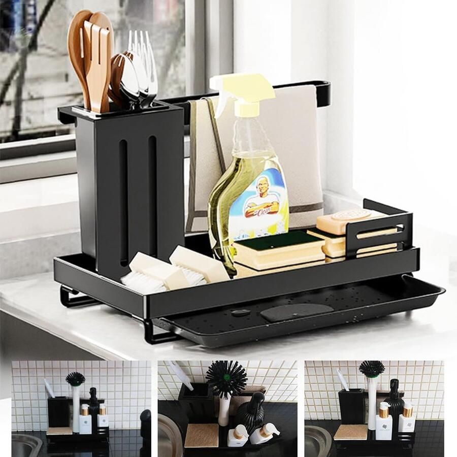 Gootsteenorganizer metaal zwarte gootsteenorganizer caddy afwaskeukengootsteenorganizergootsteen doekhouder keuken met afvoerbak gootsteenorganizer gootsteendoekhouder voor keuken