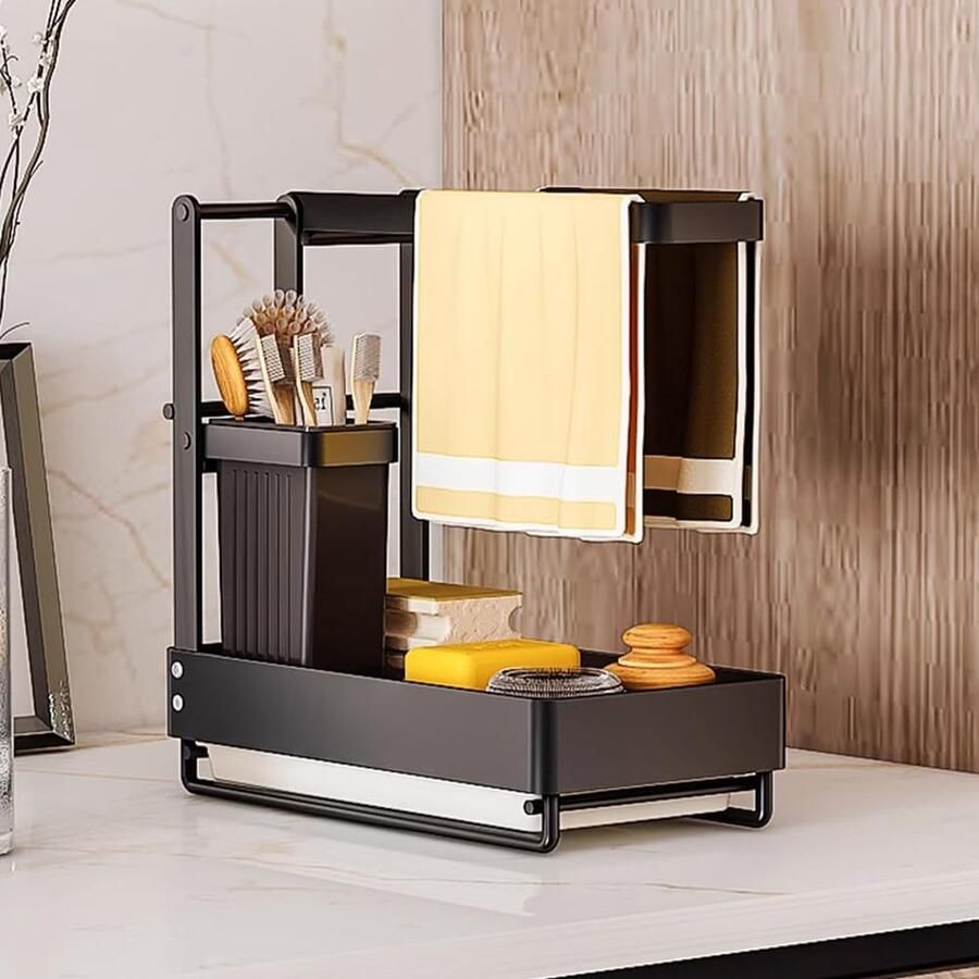 Gootsteenorganizer metaal zwarte gootsteenorganizer caddy afwaskeukengootsteenorganizergootsteen opvouwbare doekhouder keuken met afvoerbak gootsteenorganizer gootsteendoekhouder voor keuken