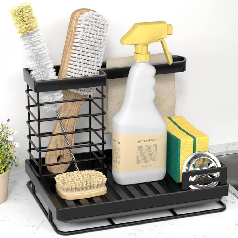 Gootsteenorganizer RVS Keuken Caddy met Lekbak voor Sponzen Schuursponsjes Vaatdoeken en Keukengerei Zwart