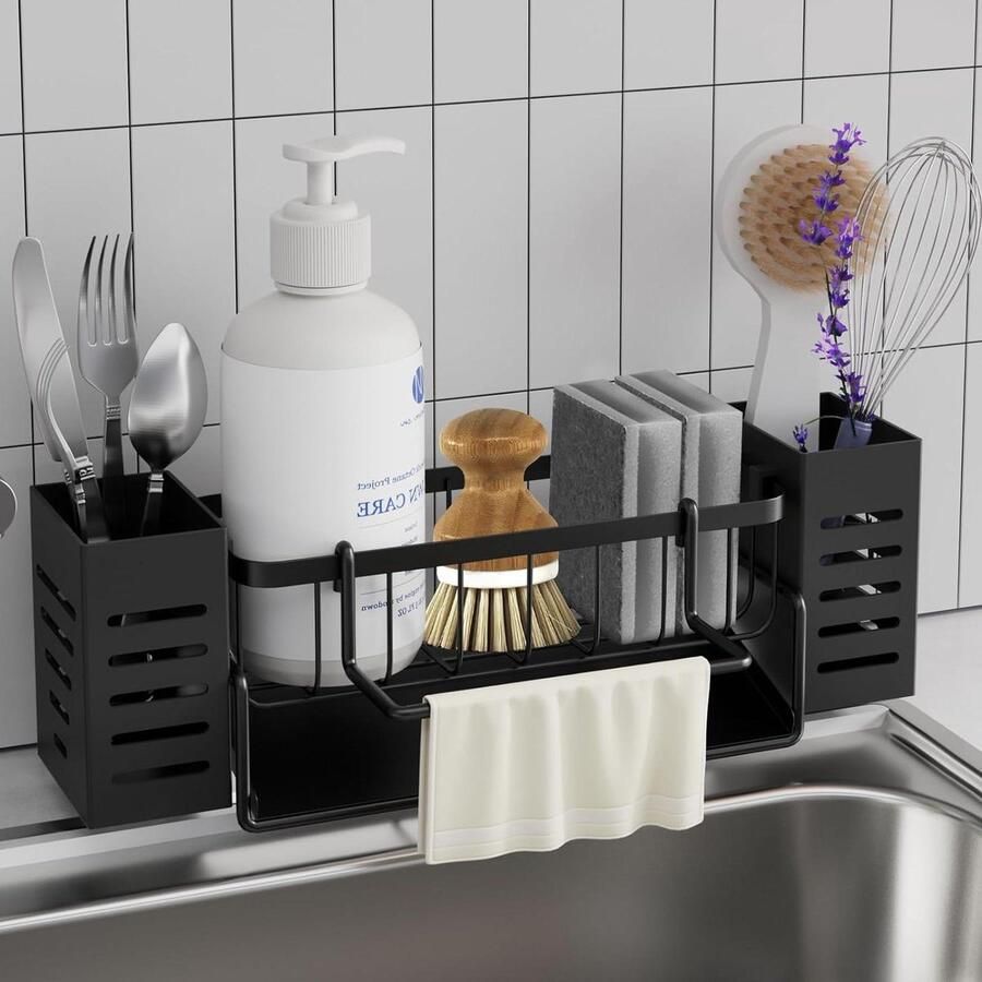 Gootsteenorganizer sponshouder spoelbak met zelflegen afvoerbak handdoekhouder opbergdoos spoelborstels organizer voor keuken en badkamer (zwart)