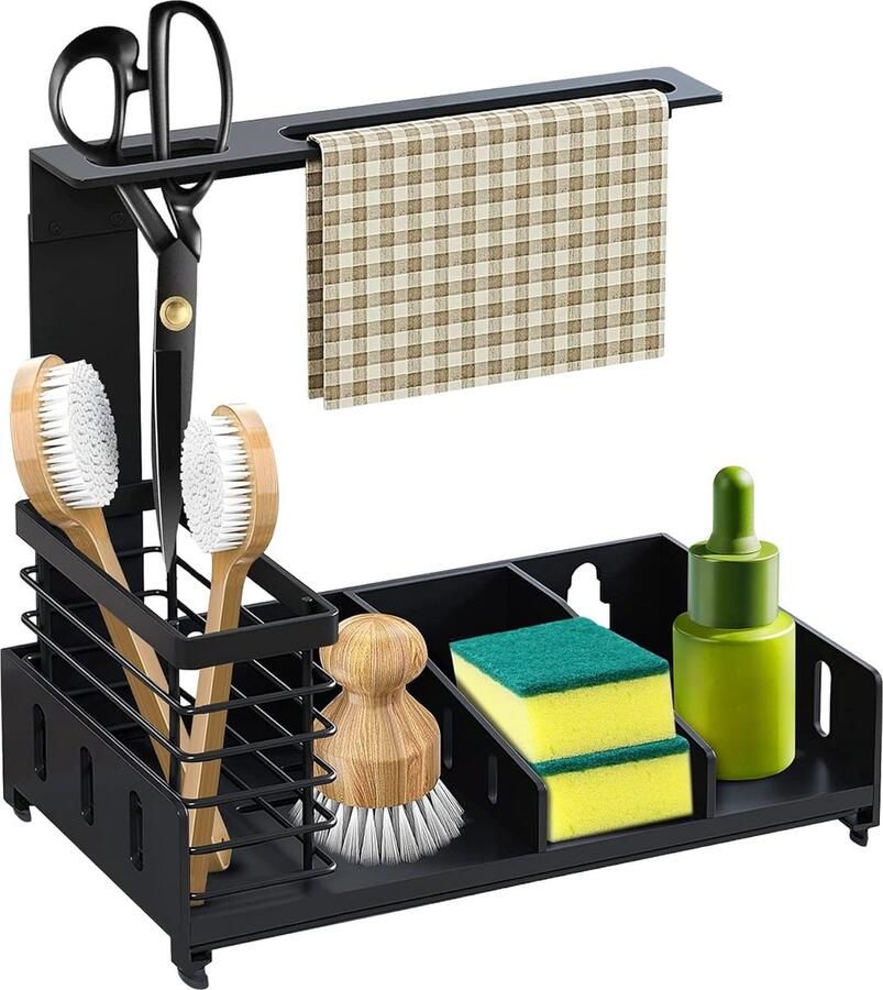 Gootsteenorganizer voor keuken en badkamer antislip keukenorganizer voor gootsteen met afdruipbak werkblad sponshouder van metaal eenvoudige installatie