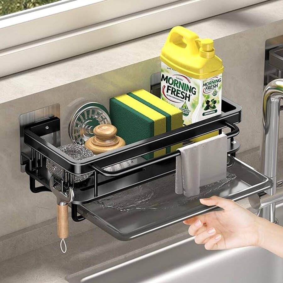 Gootsteenorganizer voor keuken en badkamer met afdruipbak geen boren nodig wastafel organizer keuken met afvoerpan (zwart)
