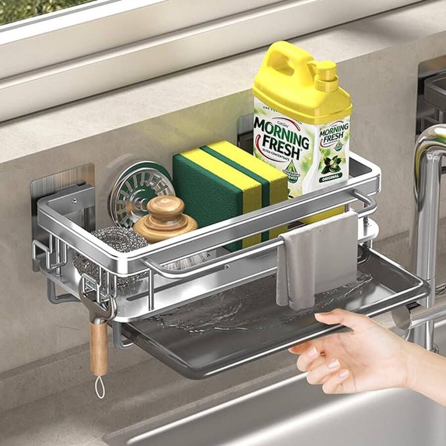 Gootsteenorganizer voor keuken en badkamer met afdruipbak geen boren nodig wastafel organizer keuken met afvoerpan (zilver)