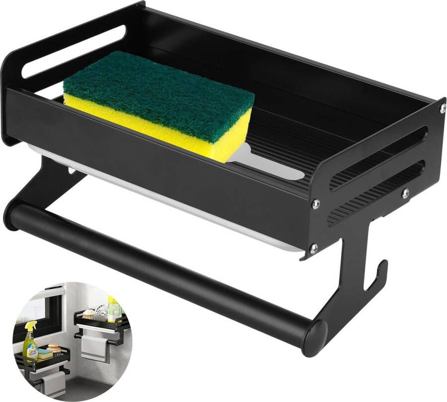 Gootsteenorganizer voor keuken haak Gootsteenorganizer Muurophanging Geen boren Zelfklevende sponshouder Organizer met handdoekhouder voor keukenaccessoires Spons borstel afwasmiddel (zwart)