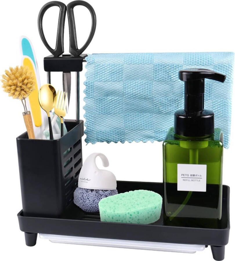 Gootsteenorganizer zwart caddy met afvoerbak wastafel organizer keuken voor afwasborstels doeken sponzen keuken en badkamer spoelorganizer