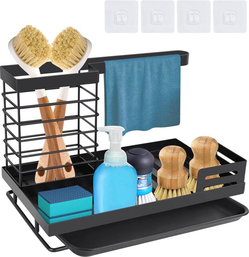 Gootsteenorganizer zwart roestvrij staal keukenorganizer wastafel organizer met afneembare afvoerpan en stickers voor keuken en badkamer