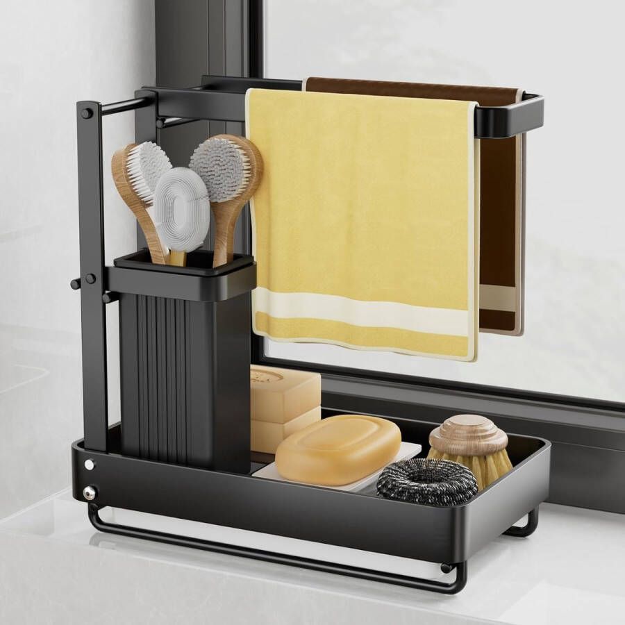 Gootsteenorganizer Zwarte gootsteenorganizer met afvoerpan Opvouwbare muurophangende gootsteenorganizer gootsteencaddy Gebruiksvoorwerpen Mand voor keuken badkamer
