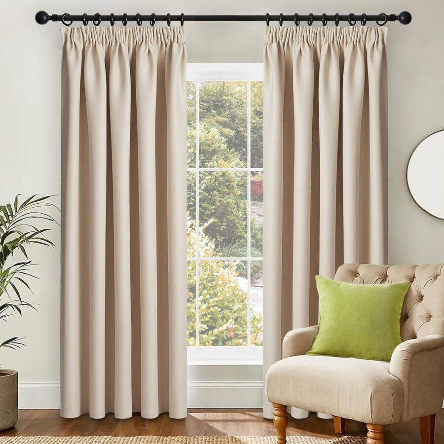 Gordijn ondoorzichtig gordijnen met plooiband thermogordijn koudebescherming gordijnen beige set van 2 225 x 140 cm decoratie voor slaapkamer balkondeur