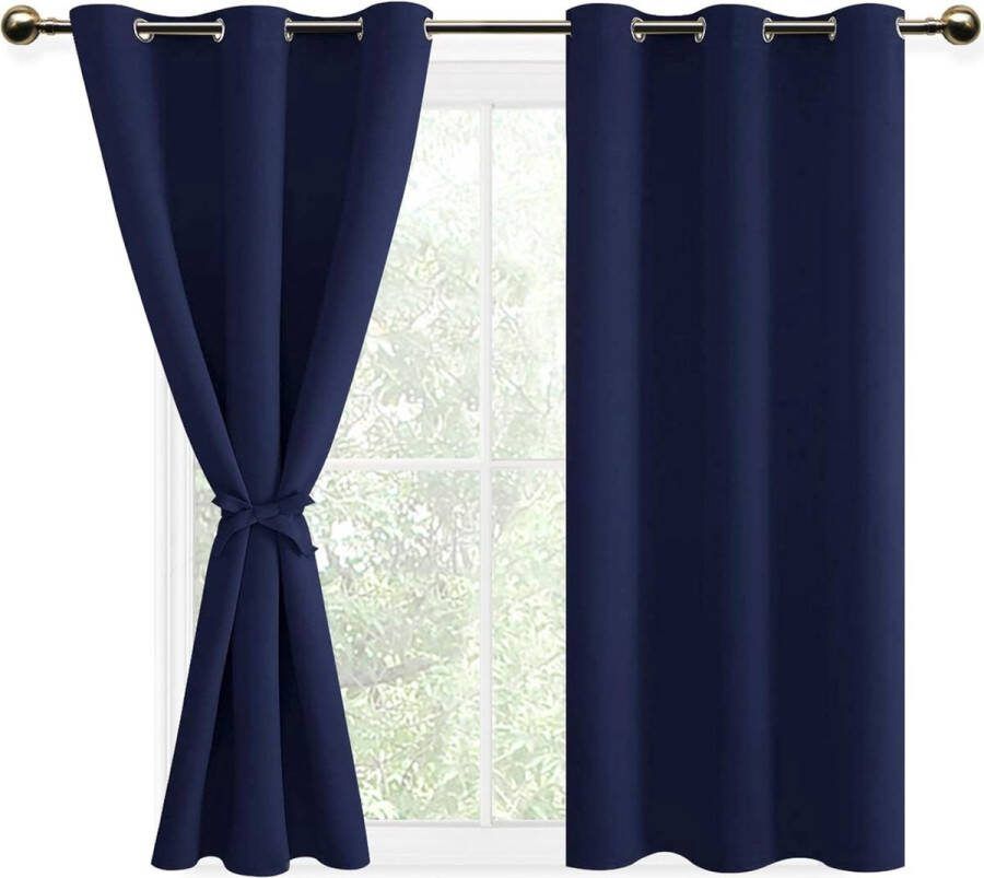 Gordijn ondoorzichtig verduisteringsgordijnen met ringen 2 stuks thermisch gordijn voor woonkamer slaapkamer donkerblauw 137 x 117 cm (h x b)