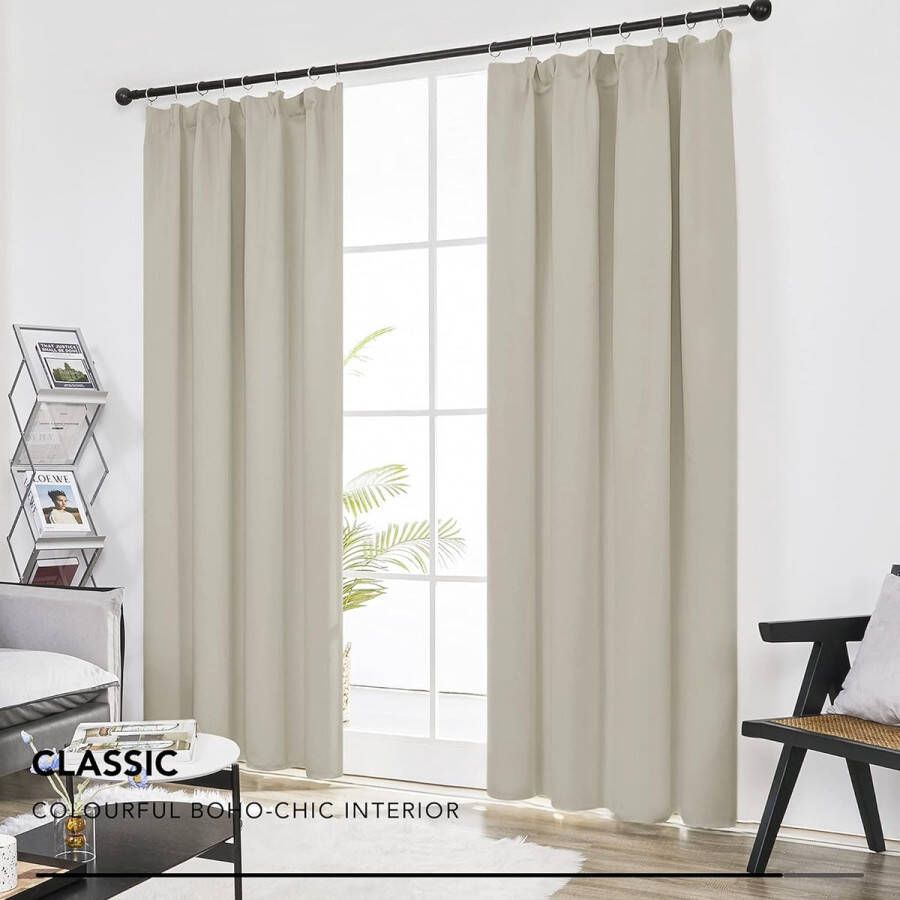 Gordijnen Kant en Klaar Plooiband Moderne Thermogordijn met Warmtewerend Stof voor Woonkamer Slaapkamer 132x229 cm (B x H) Crème 2 stuks