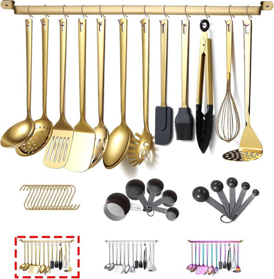 Goud kookgerei set roestvrij staal 37-stukken keukengerei set met titanium goud plating keuken gadgets kookgerei set keuken gereedschap set met keukenhouder Non-Stick en hittebestendig.Vaatwasser veilig gemakkelijk schoon te maken