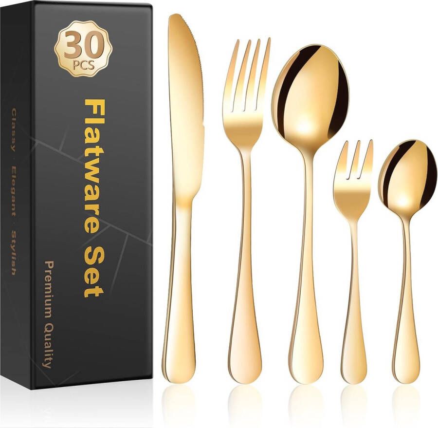 Gouden bestekset voor 6 personen 30-delige roestvrijstalen bestekset met mes vork lepel gouden bestek voor thuis feest restaurant vaatwasmachinebestendig