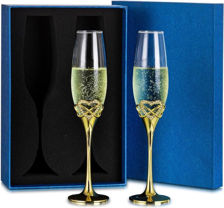 Gouden champagneglazen bruiloft voor het bruidspaar: set van 2 kristallen champagneglas Prosecco glazen cadeauset voor huwelijksgeschenk koppels verloving stoten party in geschenkdoos