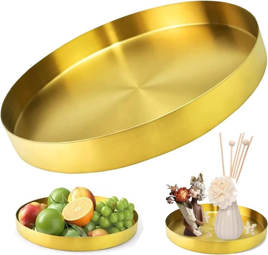 Gouden dienblad gouden ronde dienblad gouden decoratieve plaat van roestvrij staal decoratie goud modern home display opberg organizer (12 5 cm diameter)