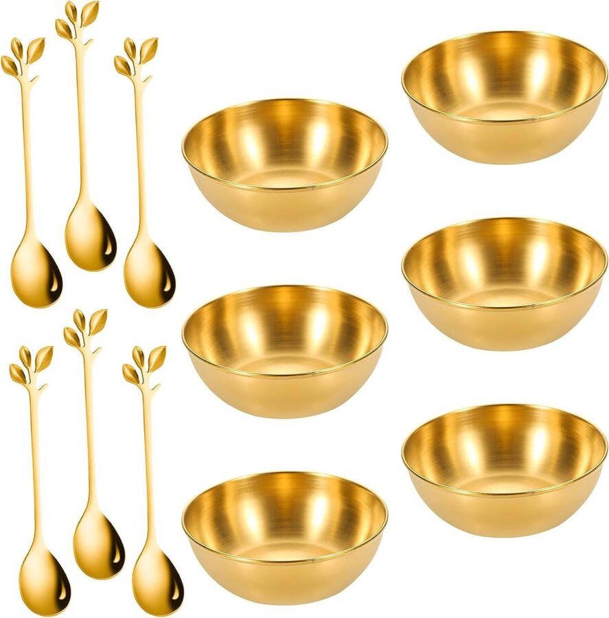 Gouden Dipping Plate Set 6 Stuks Roestvrij Staal met Lepels voor Voorgerecht Frieten Saus Schotel voor Ketchup Dips Kruiden Gerechten Ingrediënten Knabbels Schalen & Presenteerbladen
