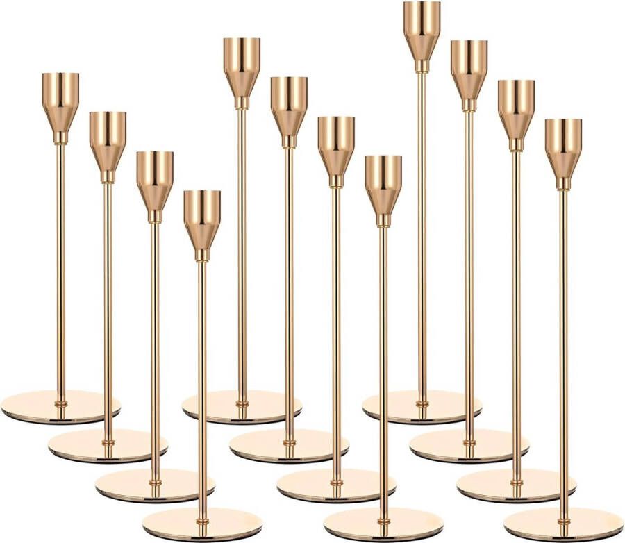 Gouden kandelaars set van 12 gouden kandelaars hoge kandelaars voor conische kaarsen geschikt voor 3 4 inch dikke kaarsen voor woondecoratie bruiloft eettafel feest diner bij kaarslicht (goud)