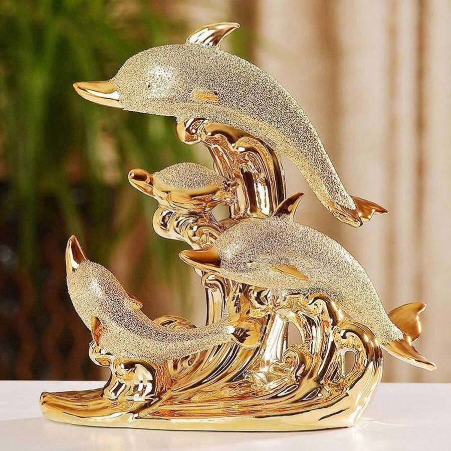 Gouden Kristal Dolfijnen Standbeeld Ambacht Keramische Creatieve Kamer Kantoor Woonkamer Bureau Decoratie Handwerk Gouden Dolfijn Beeldje