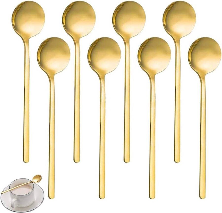 Gouden Lepel Met Ronde Kop 8 Koffielepels Met Lange Steel Gouden Roestvrijstalen Lepel 13 Cm Stalen Huishoudlepel Geschikt Voor Koffie Suiker Dessert Ijs Soep