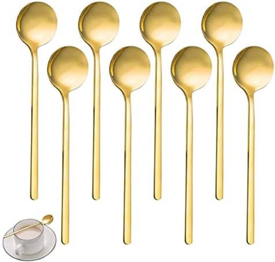 Gouden Lepel Met Ronde Kop 8 Koffielepels Met Lange Steel Gouden Roestvrijstalen Lepel 13 Cm Stalen Huishoudlepel Geschikt Voor Koffie Suiker Dessert Ijs Soep
