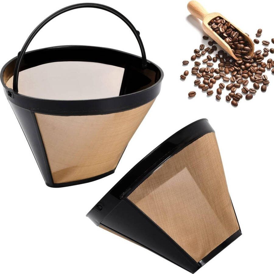 Goudkleurige filterkoffiefilter van roestvrij staal herbruikbaar duurzaam koffiefilter gaasmand wasbaar koffiefilter met handvat koffieaccessoires set van 2
