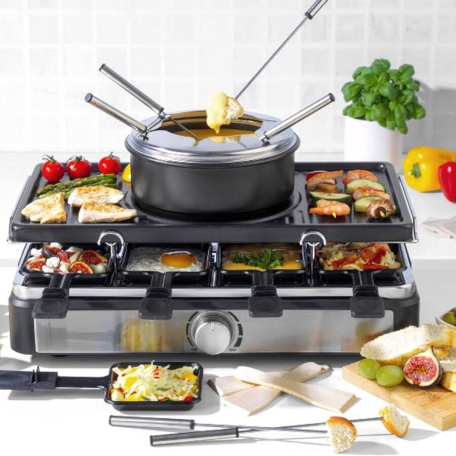 Gourmet met Fondue 2-in-1 elektrische raclettegrill en fondueset 1.3L Dompelpot kookgrill met instelbare temperatuurregeling inclusief 8 grillpannen met antiaanbaklaag en houten spatels zwart 1400 W