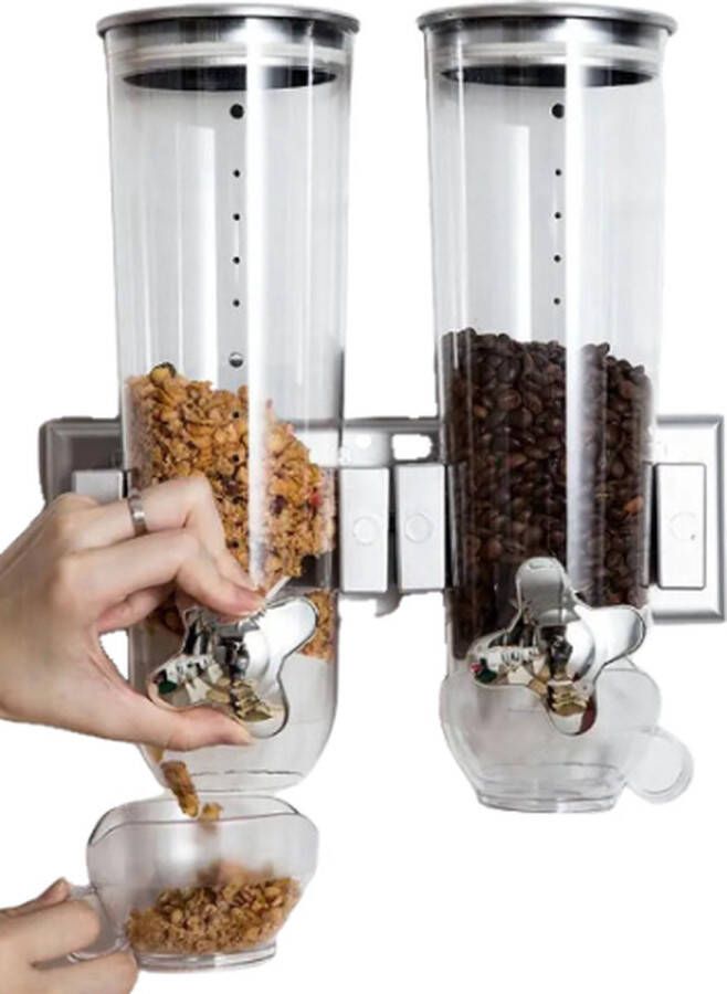 Graandispenser 2x 1.5kg Cornflakes dispenser cornflakes Voedsel dispenser Voorraadbussen 3kg capaciteit Muur montage Zilver