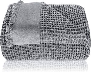 Gräfenstayn Premium sprei met franjes 180 x 240 cm Warme Waffle Pique Knuffeldeken 100% Katoen Katoenen deken als sprei beddegoed & bankdeken (Grijs)